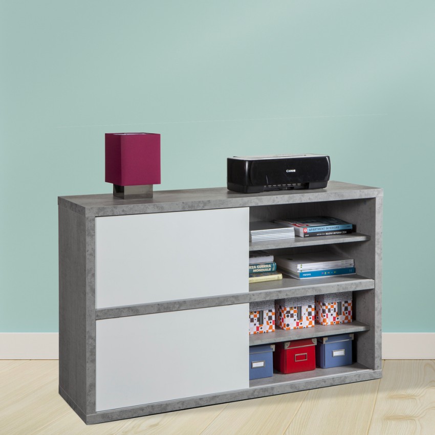 Multifunctionele tv-kast met schuifdeuren in cementeffect en wit Pratico Aanbieding