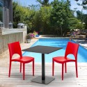 Vierkante tafel 70x70 cm Stalen onderstel en zwart top met 2 gekleurde stoelen Paris Kiwi Keuze
