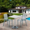 Vierkante salontafel wit 70x70 cm met stalen onderstel en 2 transparante stoelen Cristal Light Titanium Korting