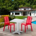 Vierkante salontafel wit 70x70 cm met stalen onderstel en 2 transparante stoelen Cristal Light Terrace Korting