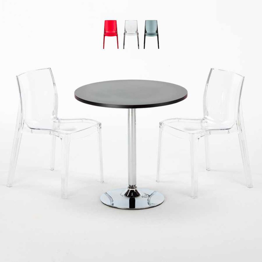 Ronde salontafel zwart 70x70 cm met stalen onderstel en 2 transparante stoelen Femme Fatale Ghost Verkoop