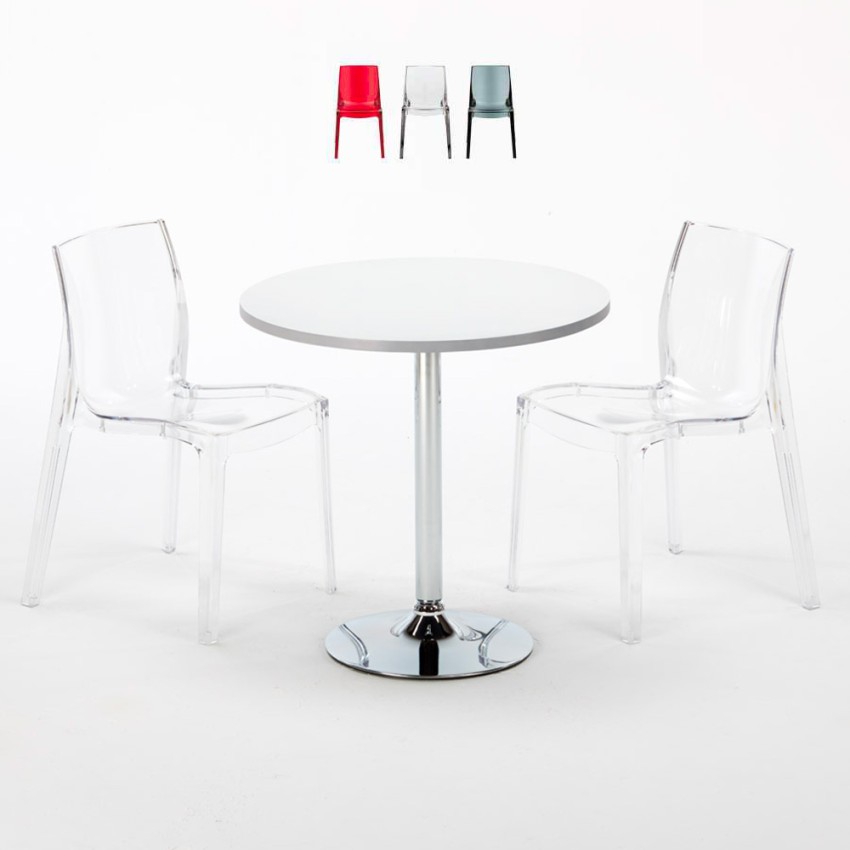 Ronde salontafel wit 70x70 cm met stalen onderstel en 2 transparante stoelen Femme Fatale Spectre Aanbod
