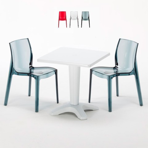 Vierkante salontafel en 2 gekleurde polycarbonaat stoelen voor buiten Grand Soleil Café Aanbieding