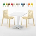 Vierkante salontafel wit 70x70 cm met stalen onderstel en 2 gekleurde stoelen Gruvyer Patio Prijs