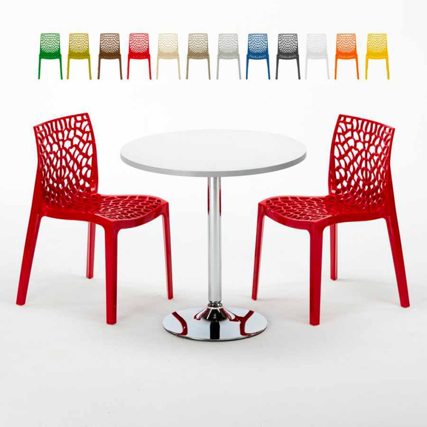 Ronde salontafel wit 70x70 cm met stalen onderstel en 2 gekleurde stoelen Gruvyer Long Island Keuze