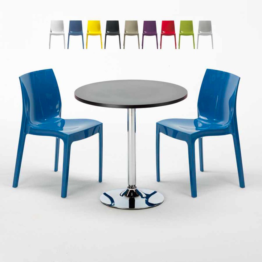 Ronde salontafel zwart 70x70 cm met stalen onderstel en 2 gekleurde stoelen Ice Cosmopolitan Aanbod Ronde salontafel zwart 70x70 cm met stalen onderstel en 2 gekleurde stoelen Ice Cosmopolitan Aanbod
