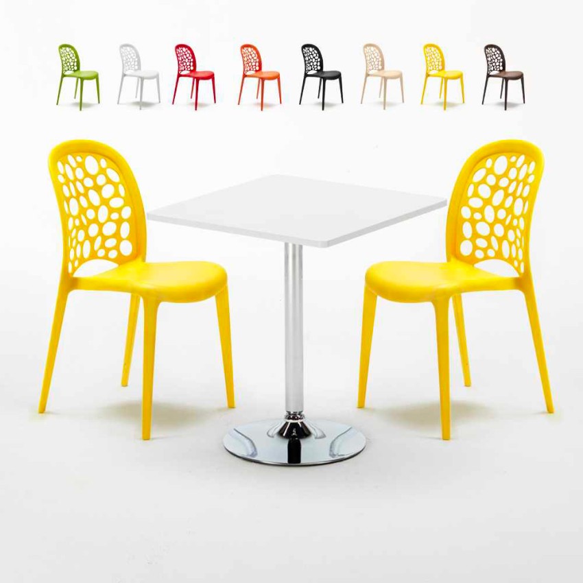 Vierkante salontafel wit 70x70 cm en 2 gekleurde stoelen Wedding Cocktail Kortingen
