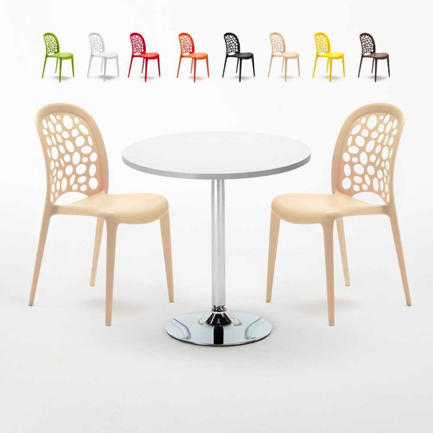 Ronde salontafel wit 70x70 cm met stalen onderstel en 2 gekleurde stoelen Wedding Long Island Verkoop