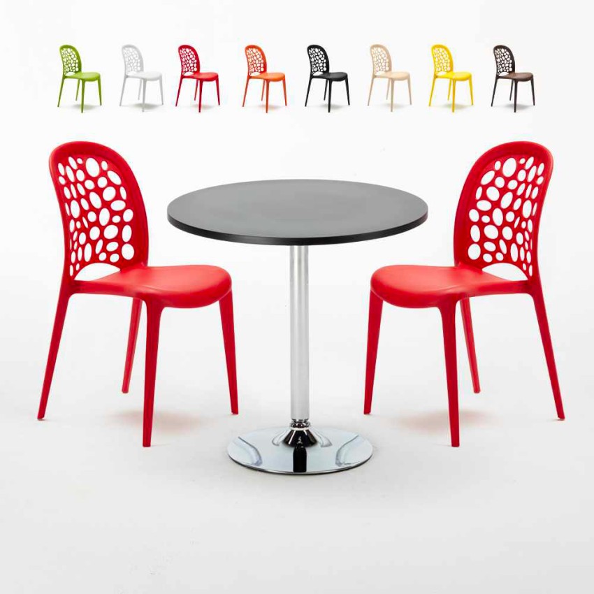 Rechthoekige salontafel zwart 70x70 cm met stalen onderstel en 2 gekleurde stoelen Wedding Cosmopolitan Keuze