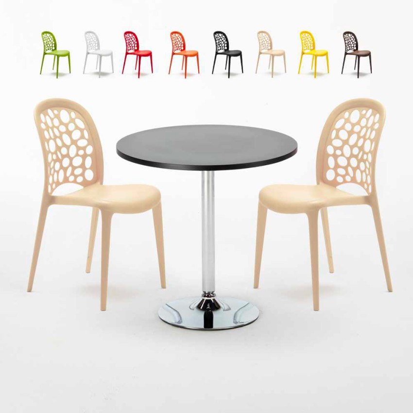 Rechthoekige salontafel zwart 70x70 cm met stalen onderstel en 2 gekleurde stoelen Wedding Cosmopolitan Aanbod