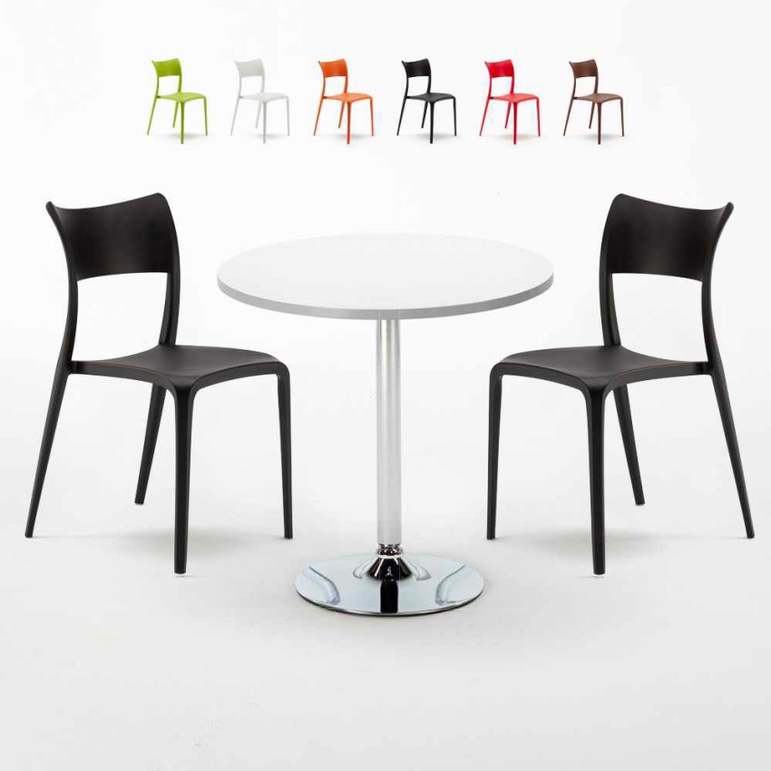 Ronde salontafel wit 70x70 cm en 2 gekleurde stoelen Parisienne Long Island Korting