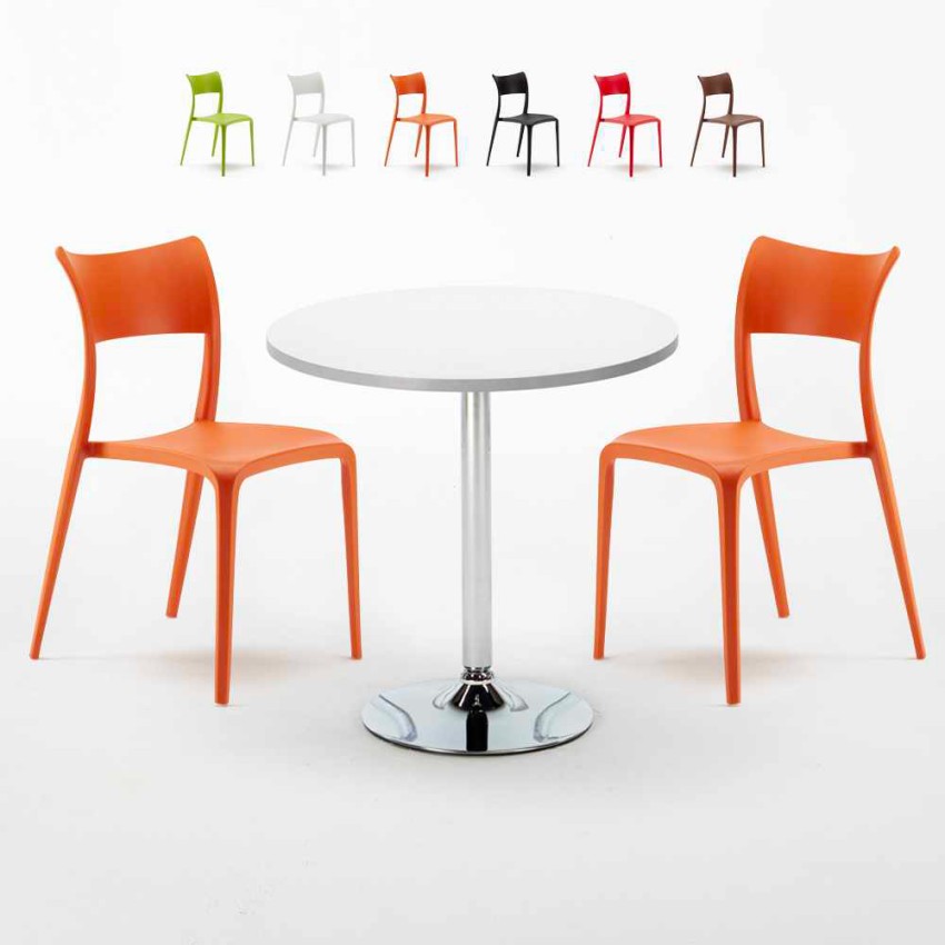 Ronde salontafel wit 70x70 cm met stalen onderstel en 2 gekleurde stoelen Parisienne Long Island Verkoop