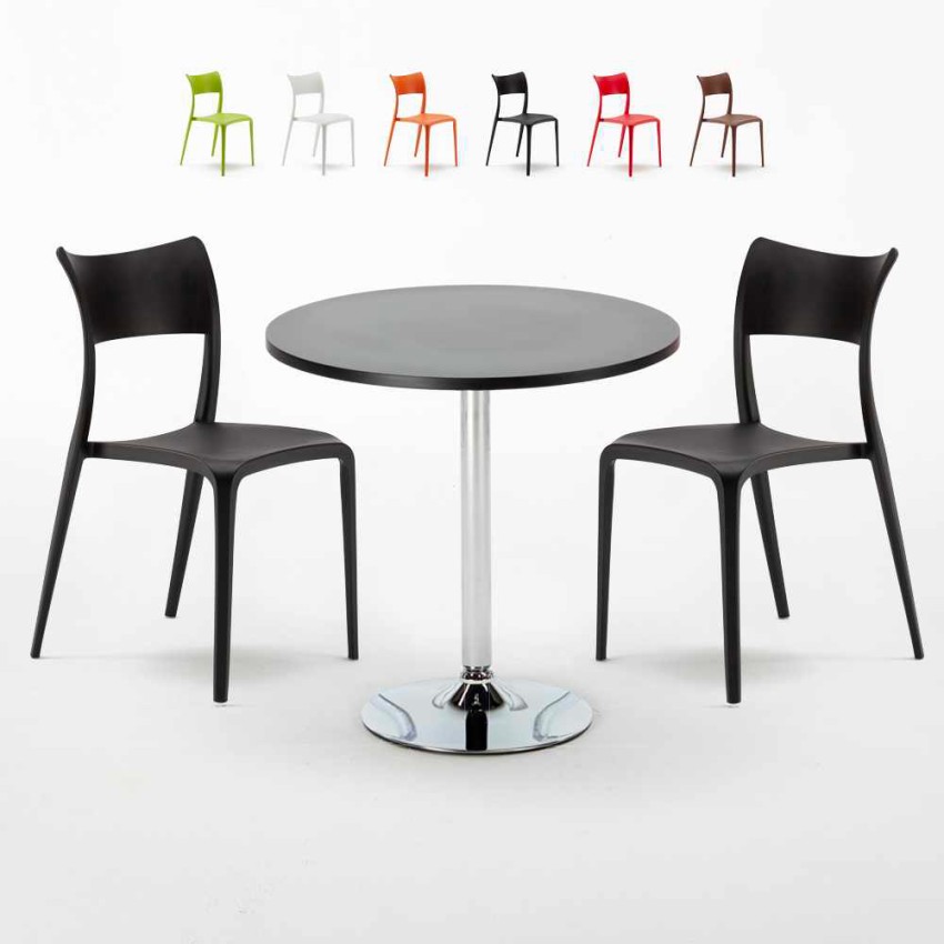 Ronde salontafel zwart 70x70 cm en 2 gekleurde stoelen Parisienne Cosmopolitan Kortingen Ronde salontafel zwart 70x70 cm en 2 gekleurde stoelen Parisienne Cosmopolitan Kortingen