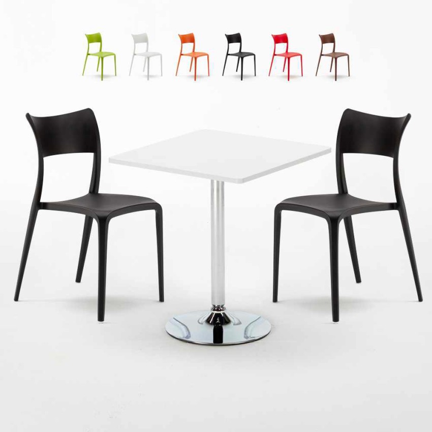 Vierkante salontafel wit 70x70 cm en 2 gekleurde stoelen Parisienne Cocktail Kortingen