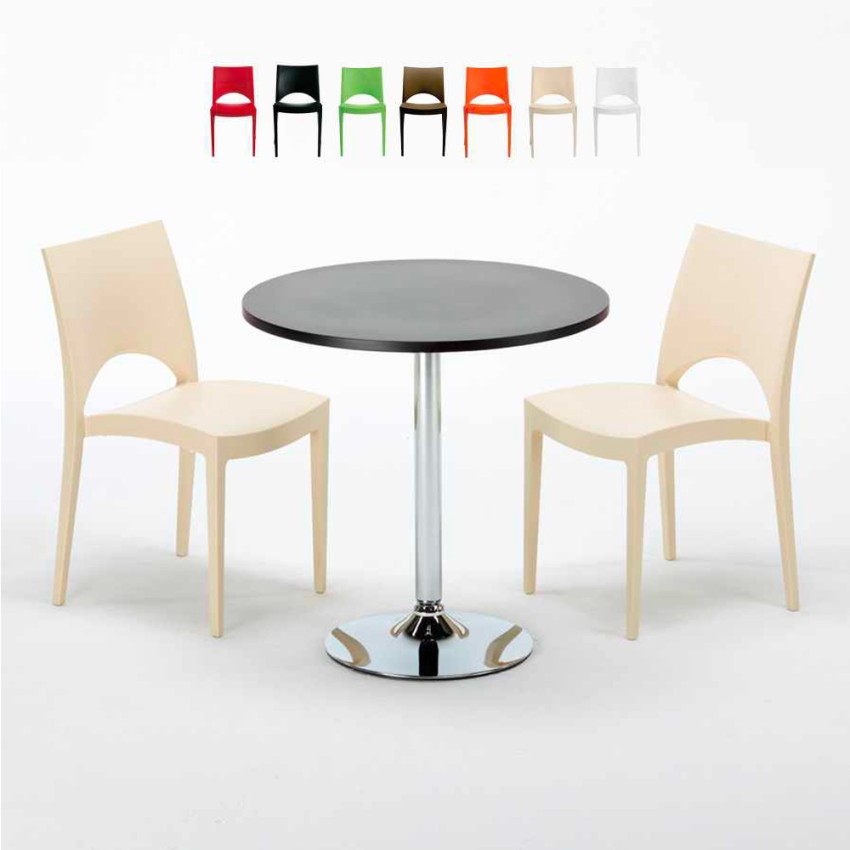 Ronde salontafel zwart 70x70 cm met stalen onderstel en 2 gekleurde stoelen Paris Cosmopolitan Verkoop Ronde salontafel zwart 70x70 cm met stalen onderstel en 2 gekleurde stoelen Paris Cosmopolitan Verkoop