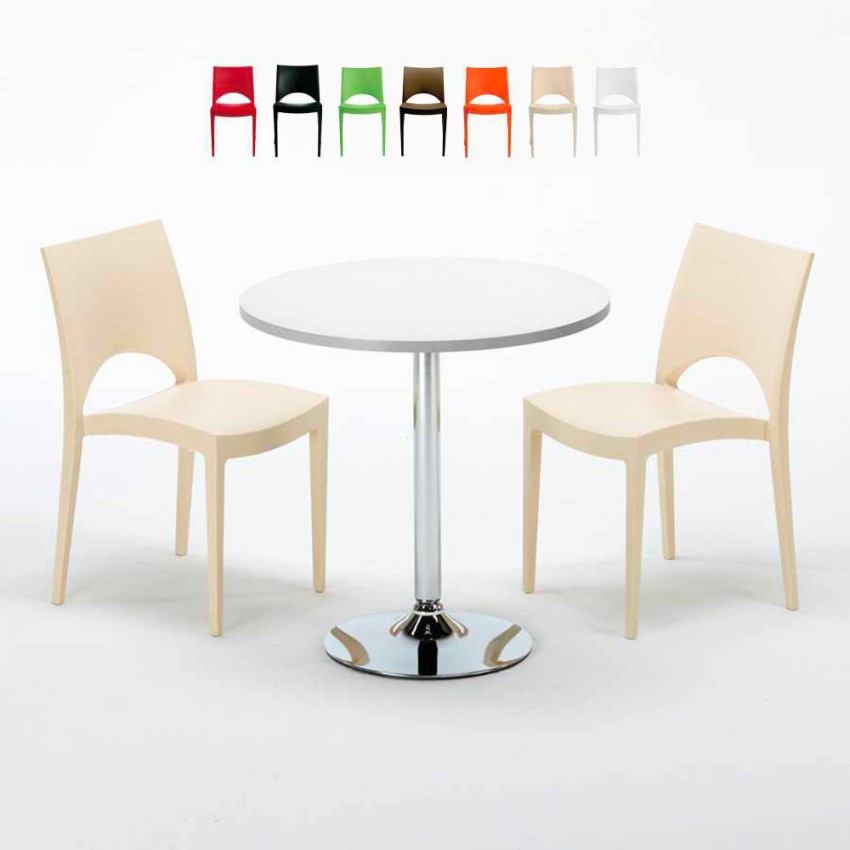 Ronde salontafel wit 70x70 cm met stalen onderstel en 2 gekleurde stoelen Paris Long Island Verkoop