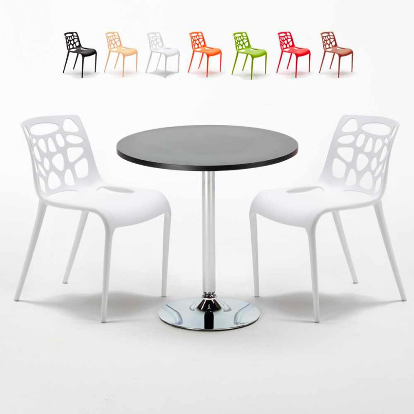 Ronde salontafel zwart 70x70 cm en 2 gekleurde stoelen Gelateria Cosmopolitan Aanbod