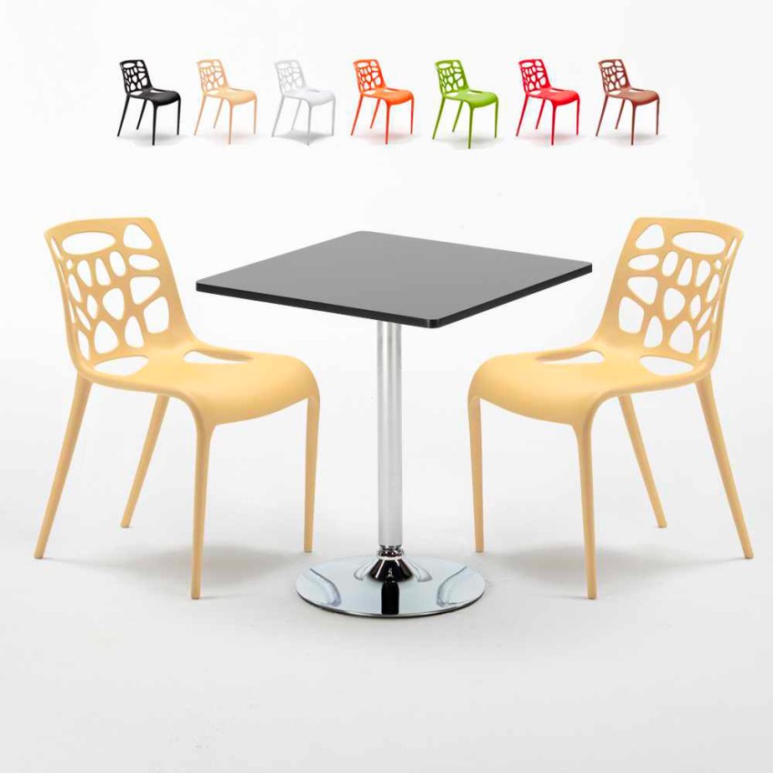 Rechthoekige salontafel zwart 70x70 cm met stalen onderstel en 2 gekleurde stoelen Gelateria Mojito Aanbod