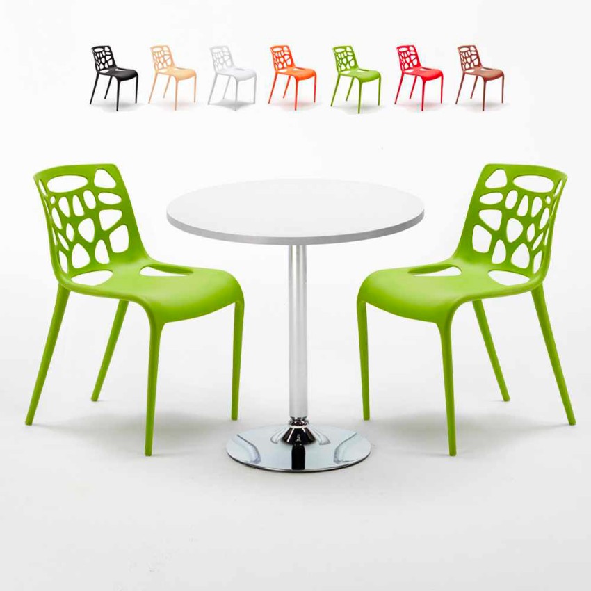 Ronde salontafel wit 70x70 cm en 2 gekleurde stoelen Gelateria Long Island Voorraad