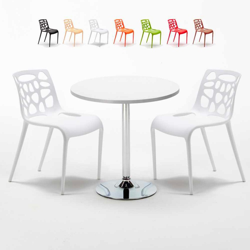 Ronde salontafel wit 70x70 cm en 2 gekleurde stoelen Gelateria Long Island Korting Ronde salontafel wit 70x70 cm en 2 gekleurde stoelen Gelateria Long Island Korting