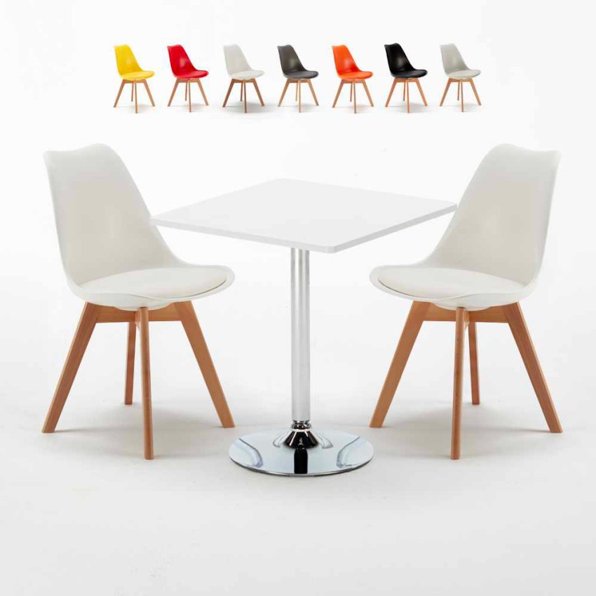 Vierkante salontafel wit 70x70 cm en 2 gekleurde stoelen Nordica Cocktail Aanbod