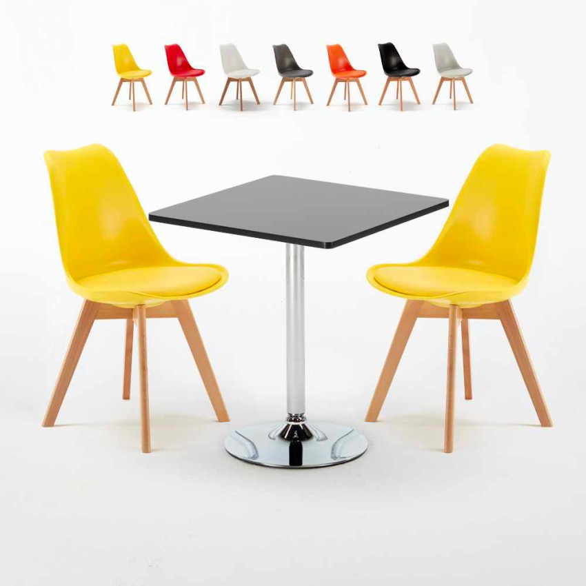 Rechthoekige salontafel zwart 70x70 cm met stalen onderstel en 2 gekleurde stoelen Nordica Mojito Korting