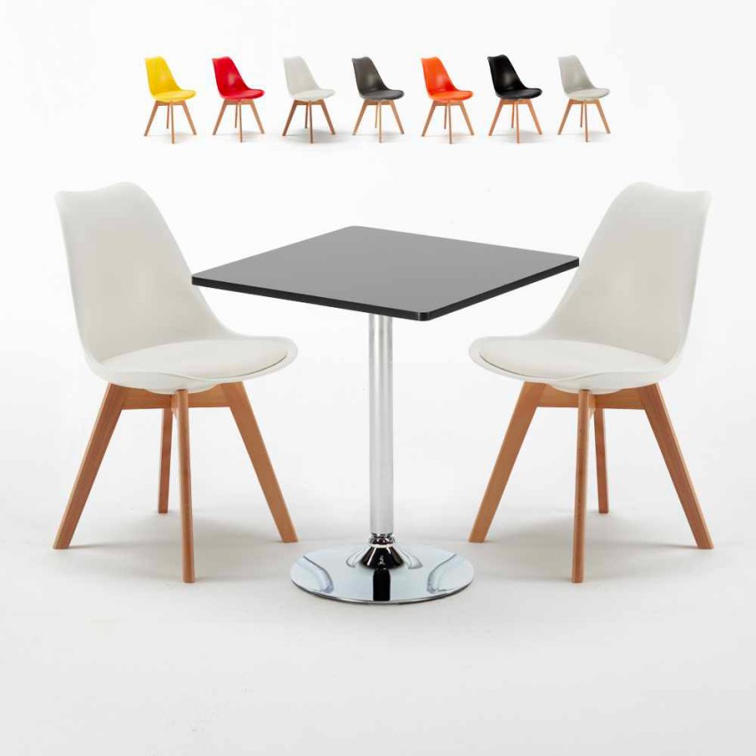 Vierkante salontafel zwart 70x70 cm met stalen onderstel en 2 gekleurde stoelen Nordica Mojito Aanbod