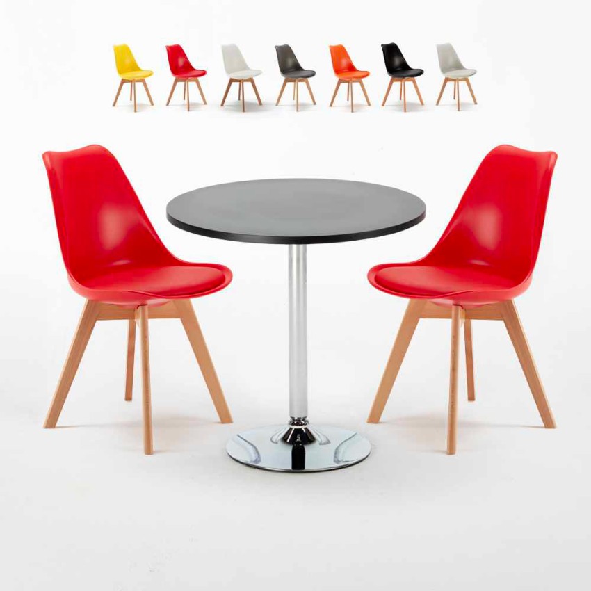 Ronde salontafel zwart 70x70 cm met stalen onderstel en 2 gekleurde stoelen Nordica Cosmopolitan Voorraad