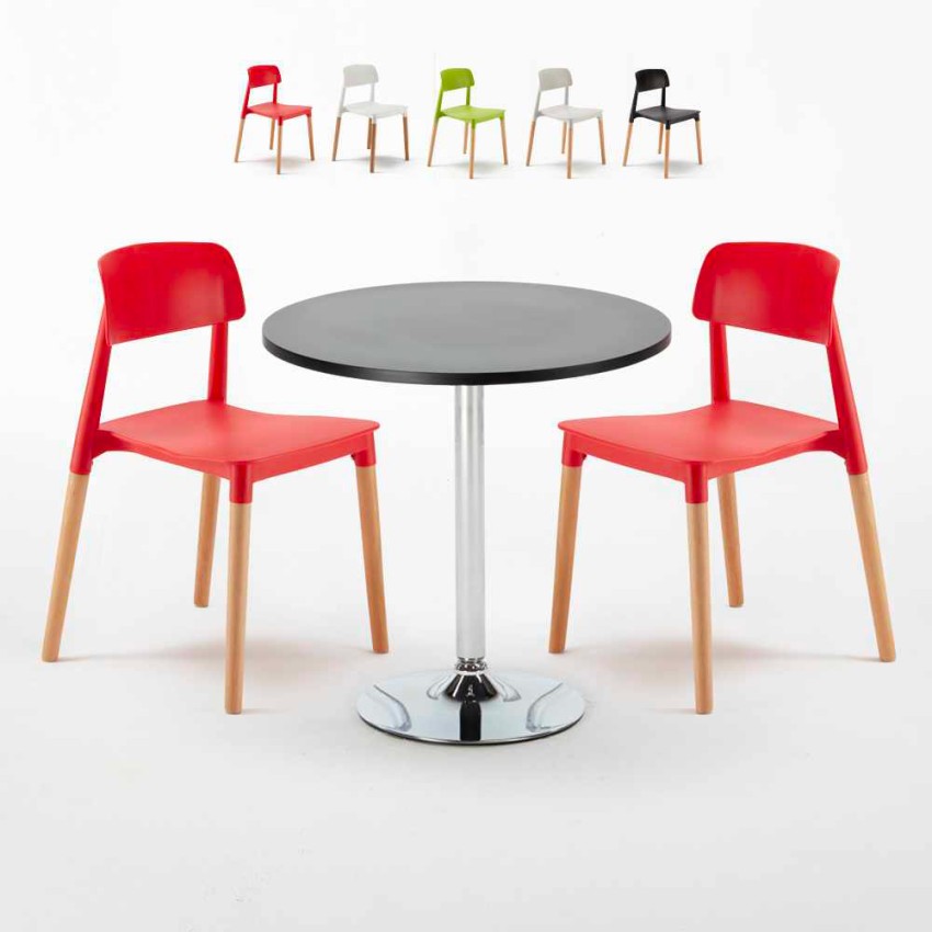 Ronde salontafel zwart 70x70 cm en 2 gekleurde stoelen Barcellona Cosmopolitan Korting