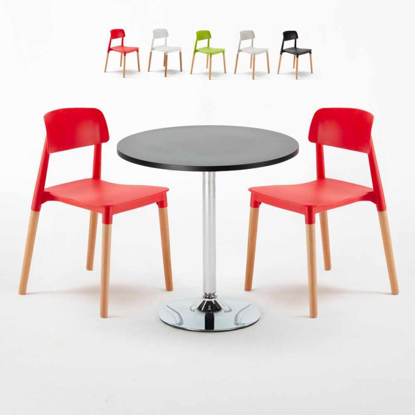 Ronde salontafel zwart 70x70 cm met stalen onderstel en 2 gekleurde stoelen Barcellona Cosmopolitan Korting