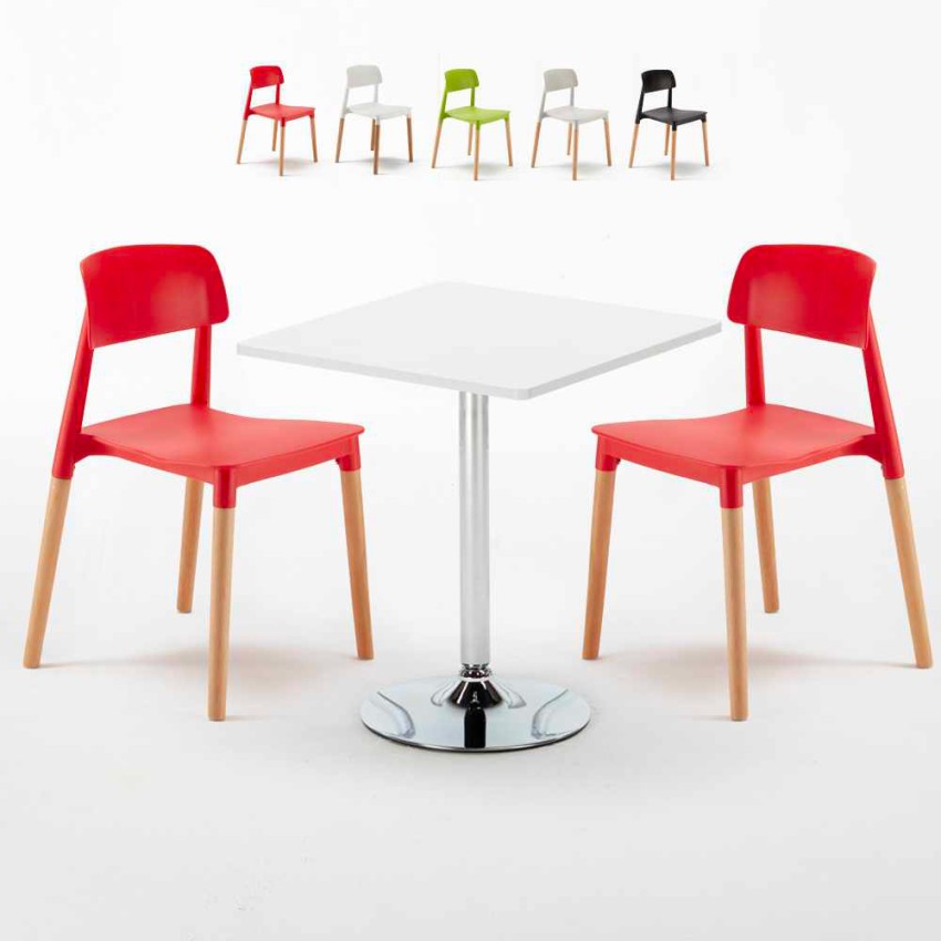 Vierkante salontafel wit 70x70 cm en 2 gekleurde stoelen Barcelona Cocktail Korting Vierkante salontafel wit 70x70 cm en 2 gekleurde stoelen Barcelona Cocktail Korting