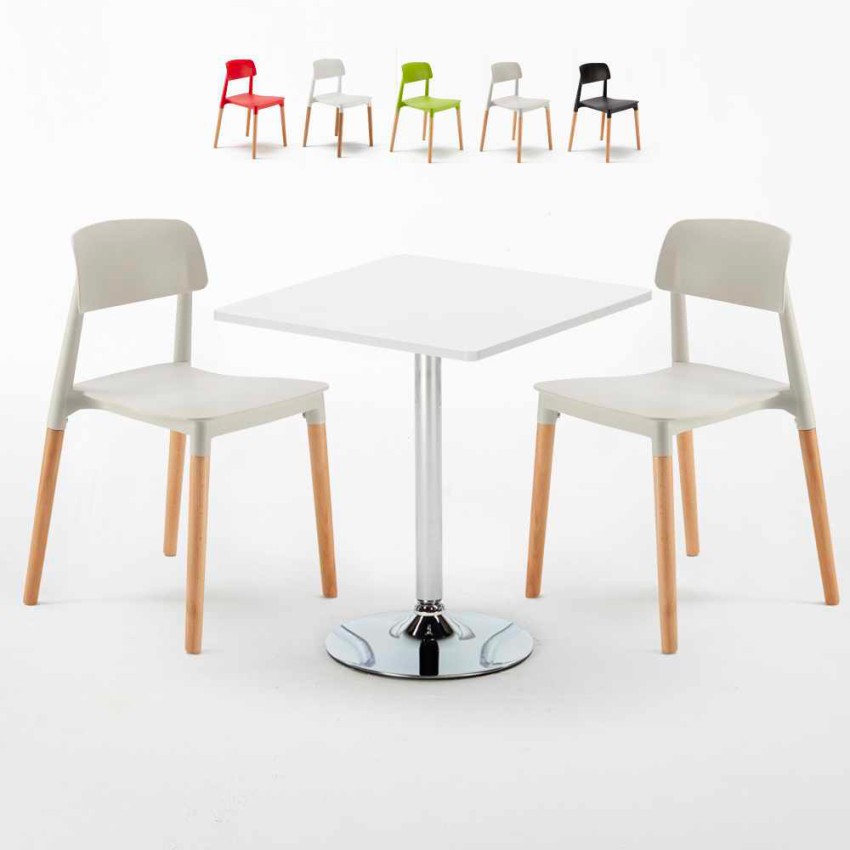 Rechthoekige salontafel wit 70x70 cm met stalen onderstel en 2 gekleurde stoelen Barcelona Cocktail Aanbod