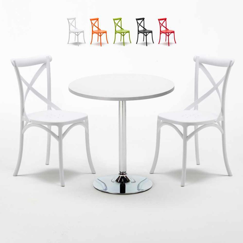 Ronde salontafel wit 70x70 cm en 2 gekleurde stoelen Vintage Long Island Verkoop