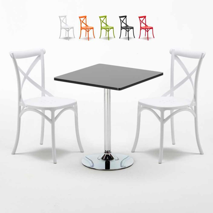 Vierkante salontafel zwart 70x70 cm en 2 gekleurde stoelen Vintage Mojito Aanbod