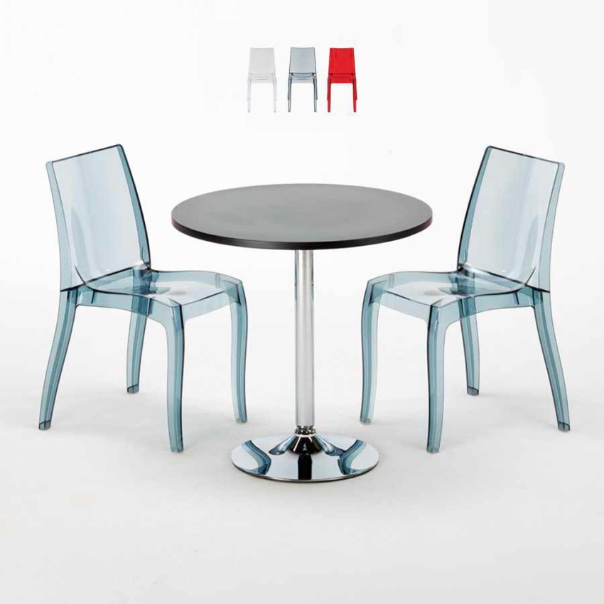 Ronde salontafel zwart 70x70 cm met stalen onderstel en 2 gekleurde stoelen Cristal Light Gold Aanbod Ronde salontafel zwart 70x70 cm met stalen onderstel en 2 gekleurde stoelen Cristal Light Gold Aanbod