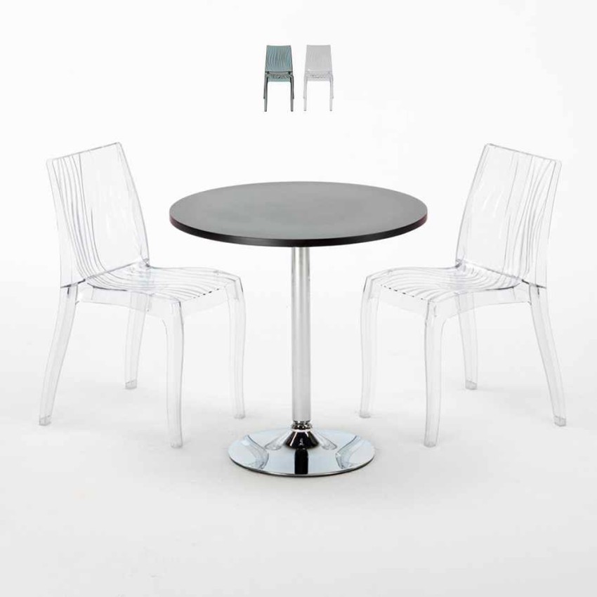Ronde salontafel zwart 70x70 cm met stalen onderstel en 2 transparant stoelen Dune Gold Verkoop