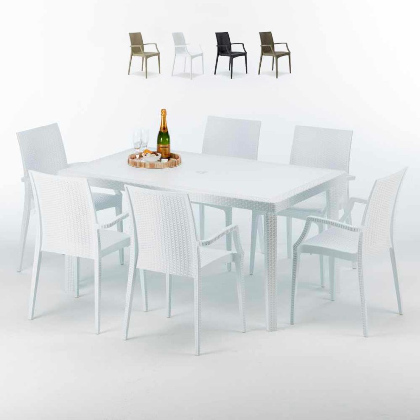 Rechthoekige salontafel wit 150x90 cm en 6 gekleurde stoelen Bistrot Arm Summerlife Verkoop