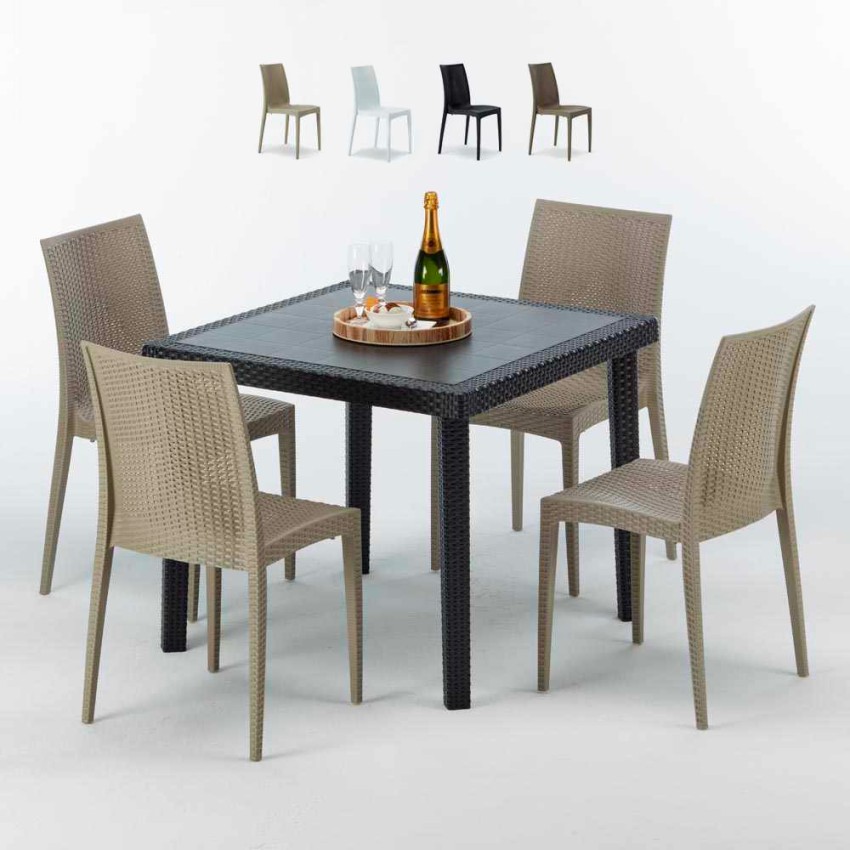 Vierkante zwarte salontafel 90x90 cm met 4 gekleurde stoelen Bistrot Passion Verkoop