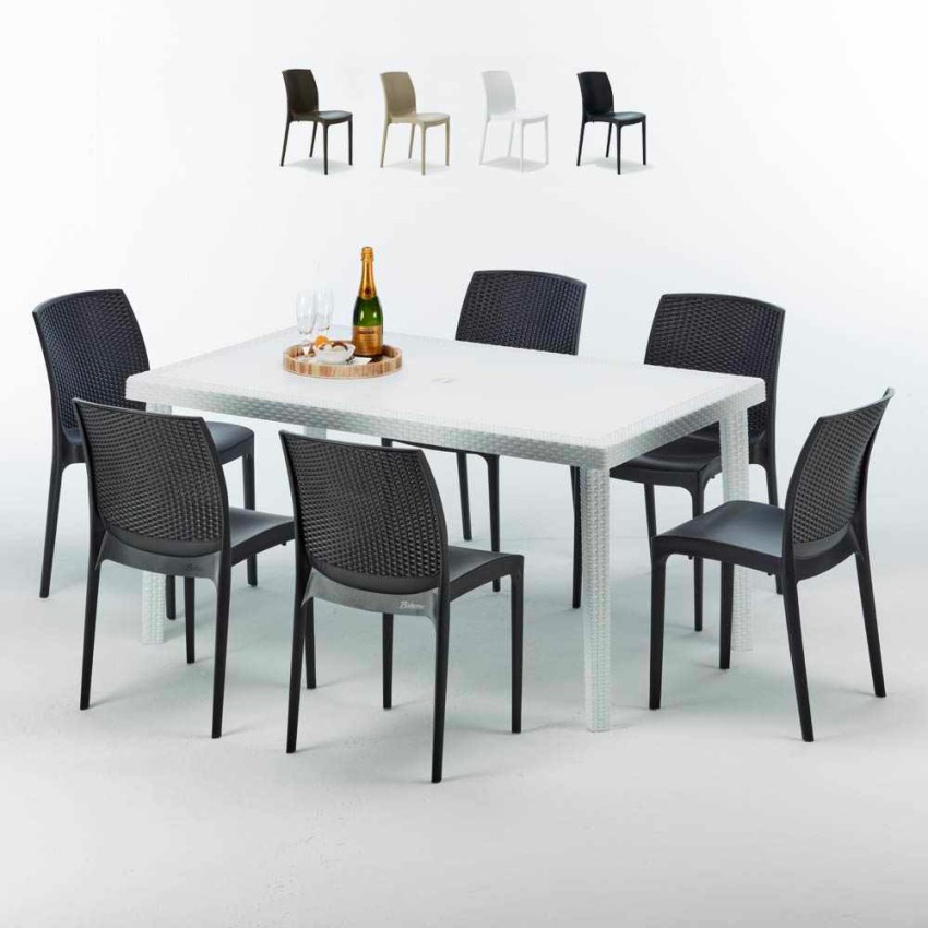 Rechthoekige salontafel wit 150x90 cm met stalen onderstel en 4 gekleurde stoelen Boheme Summerlife Korting Rechthoekige salontafel wit 150x90 cm met stalen onderstel en 4 gekleurde stoelen Boheme Summerlife Korting
