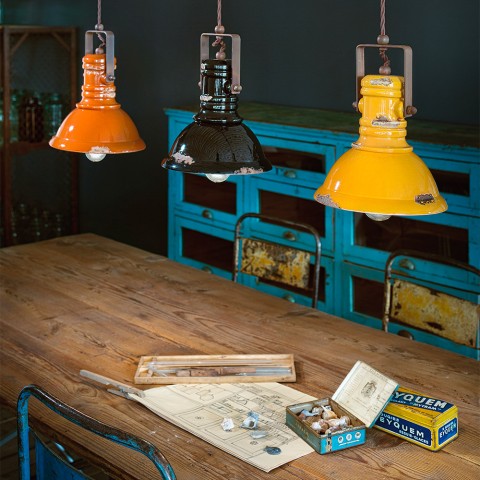 Hanglamp van ijzer en handbeschilderd keramiek, vintage industrieel ontwerp SO Aanbieding