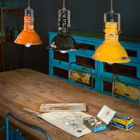 Hanglamp van ijzer en keramiek handgeschilderd vintage ontwerp Industrieel SO Aanbieding