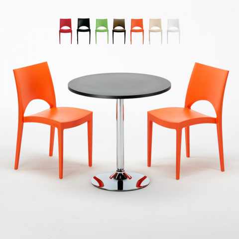 Ronde salontafel zwart 70x70 cm met stalen onderstel en 2 gekleurde stoelen Paris Cosmopolitan