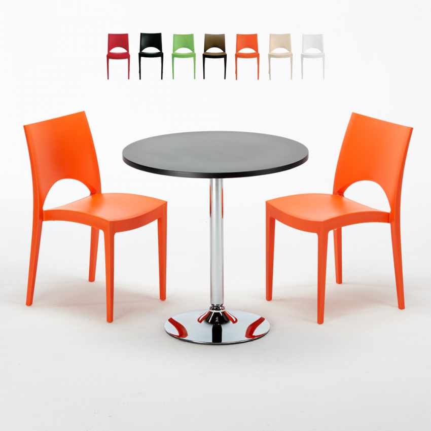 Ronde salontafel zwart 70x70 cm met stalen onderstel en 2 gekleurde stoelen Paris Cosmopolitan Aanbieding