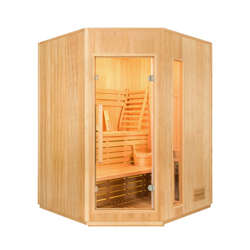Finse thuissauna driepersoons hoekmodel elektrische kachel 4,5 kW Zen 3C Aanbieding