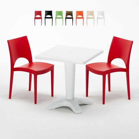 Vierkante salontafel wit 70x70 cm met stalen onderstel en 2 gekleurde stoelen Paris Patio Aanbieding