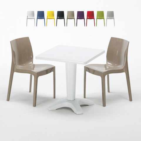 Vierkante salontafel wit 70x70 cm met stalen onderstel en 2 gekleurde stoelen Ice Patio Aanbieding