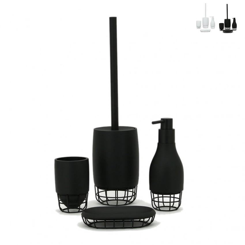 Wit-zwart badkameraccessoire set: tandenborstelhouder, zeepdispenser, zeepbakje, borstel Grid Aanbieding