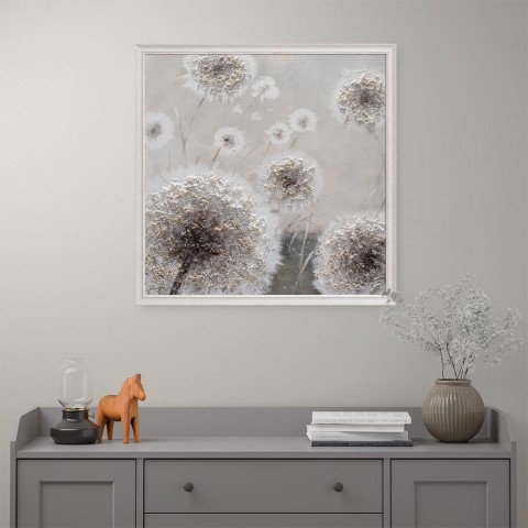 Handgeschilderd schilderij met lijst canvas bloemen paardebloemen 100x100 cm W729 Aanbieding