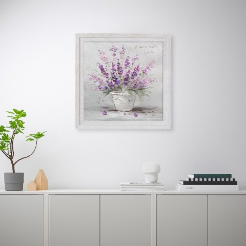 Handgeschilderd schilderij vaas met paarse bloemen op doek met lijst 30x30 cm W602 Aanbieding