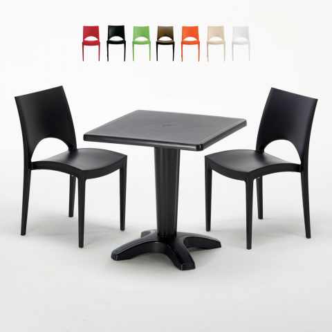 Vierkante salontafel zwart 70x70 cm met stalen onderstel en 2 gekleurde stoelen Paris Aia Aanbieding
